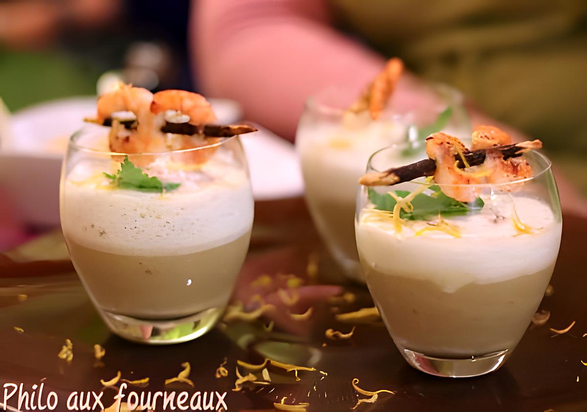 recette Cappucino d'endives & sa brochette de réglisse aux crevettes