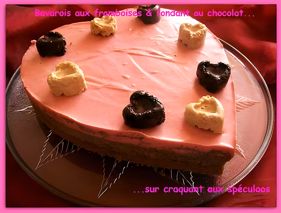 recette Bavarois aux framboises & fondant chocolat sur craquant aux spéculoos