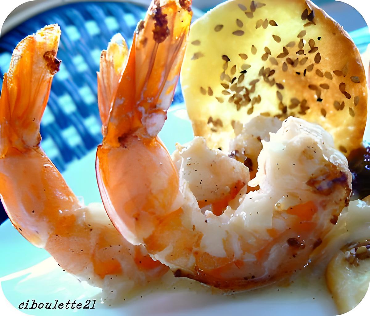 recette Gambas Sauce Vanille Bourbon  et Tuiles au sésame