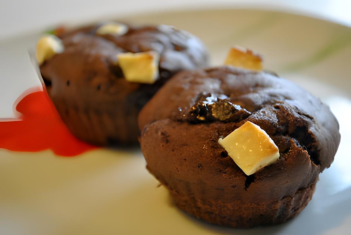 recette Muffins fondants au chocolat noir et pépites de chocolat blanc (sans oeufs)