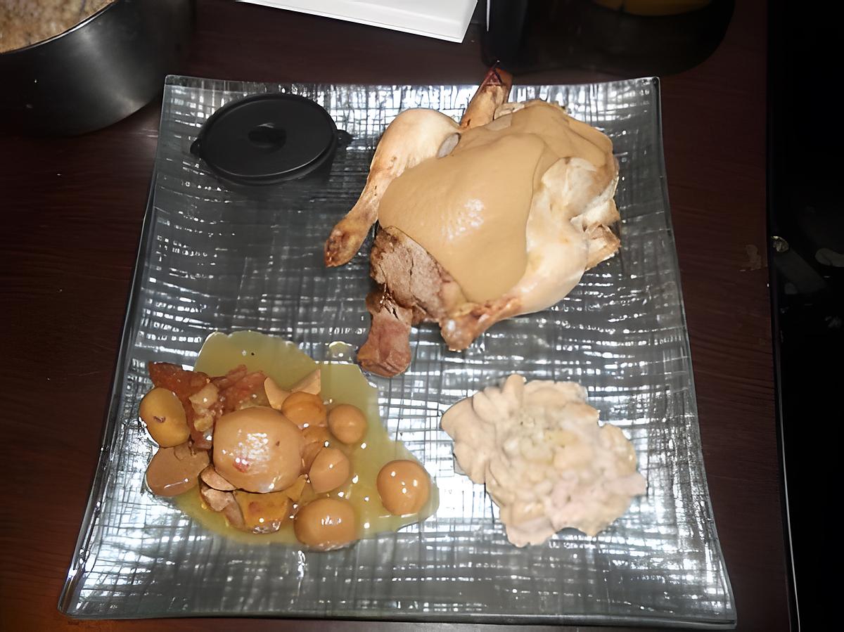 recette Repas du reveillon de noel coquelet farci au marron sauce au foie gras & ses pommes de terre sauter champignon et flageolet vin blanc