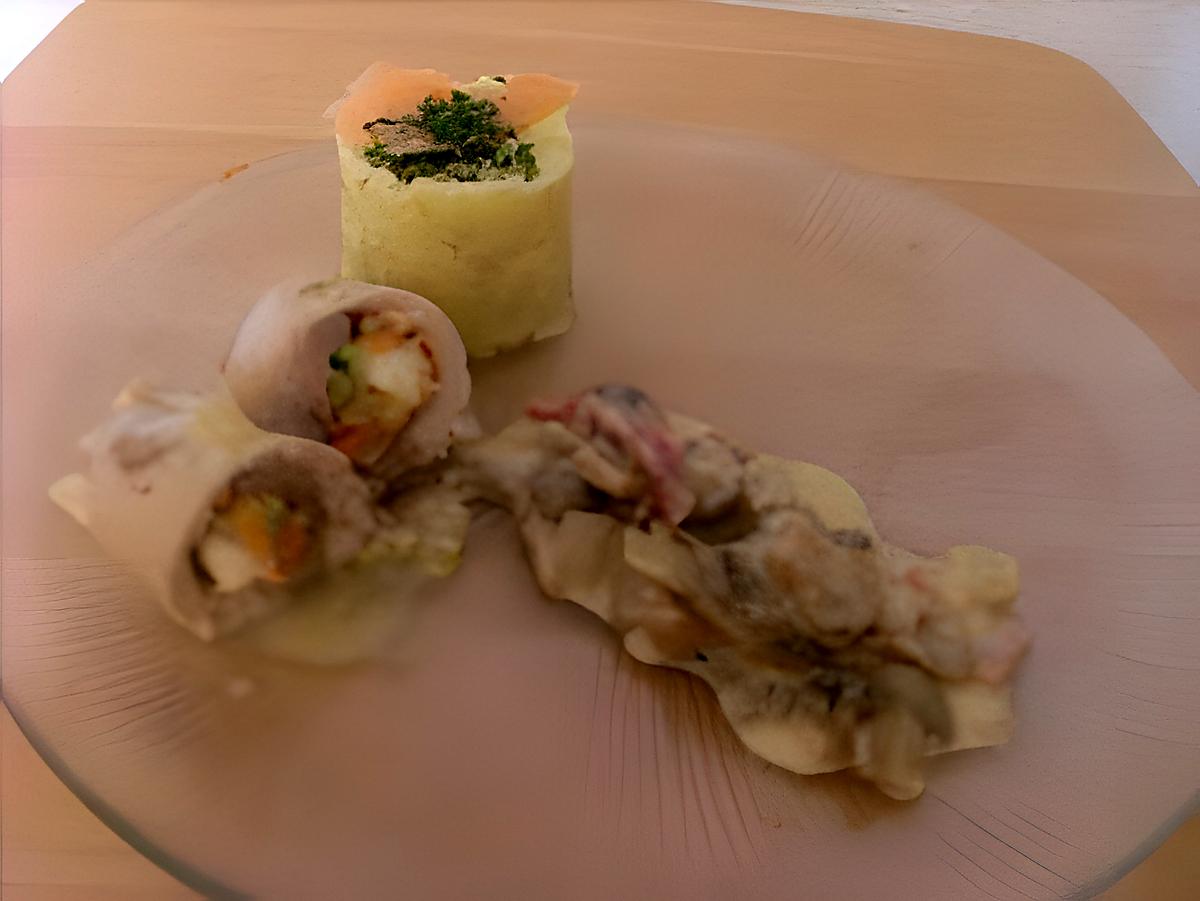 recette Balotins de porc farci saumon fromage et petits légumes en sauce et sa purée