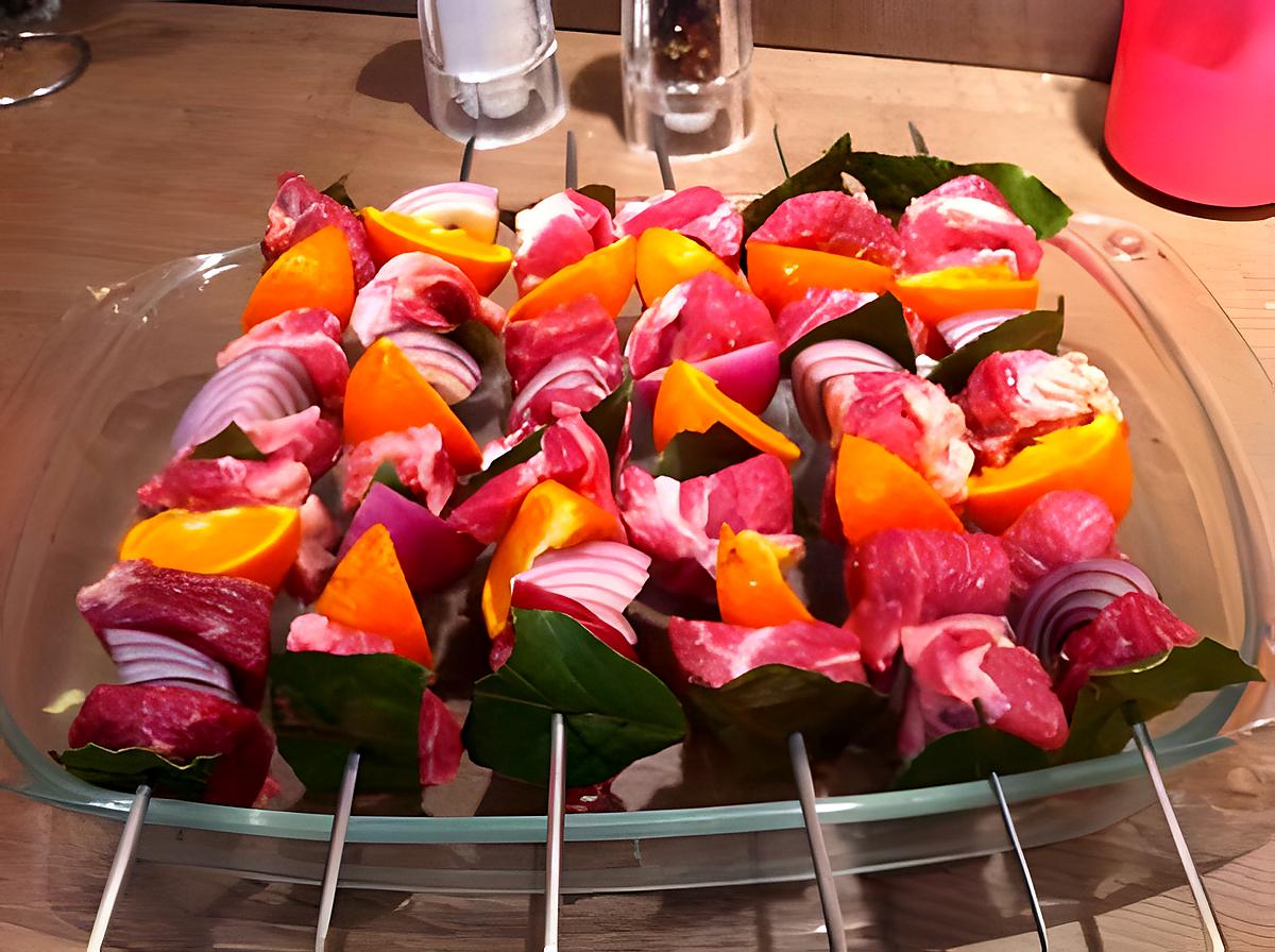 recette Brochettes porc, mandarines, oignons rouges.