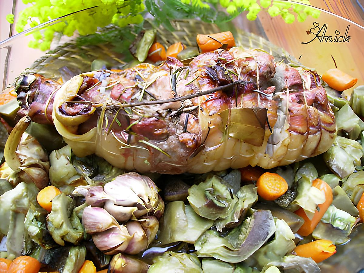 recette Epaule d’agneau roulée aux artichauts ,carottes et romarin