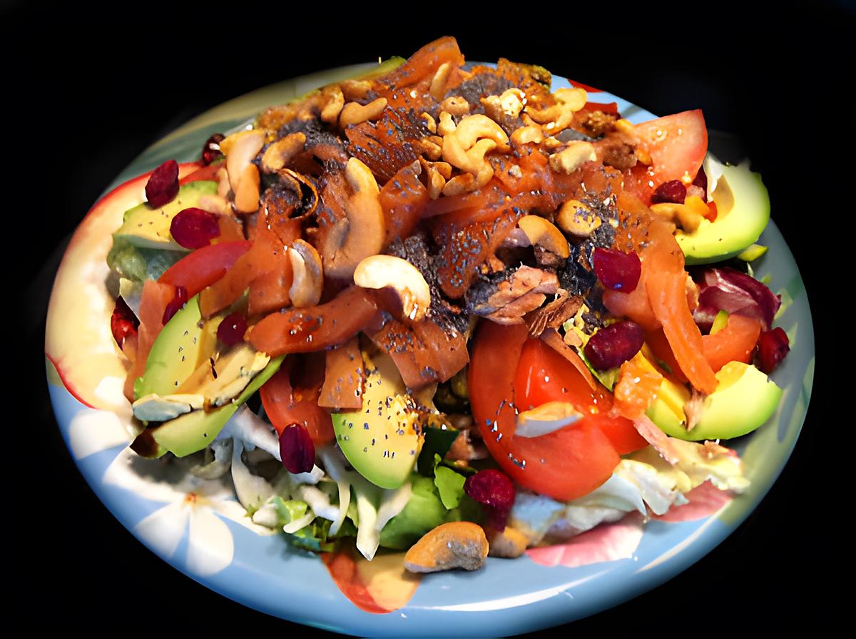 recette Le Printemps c'est fait, on passe direct à l'Eté ! Maxi salade saumon, thon, avocat et noix de pécan !