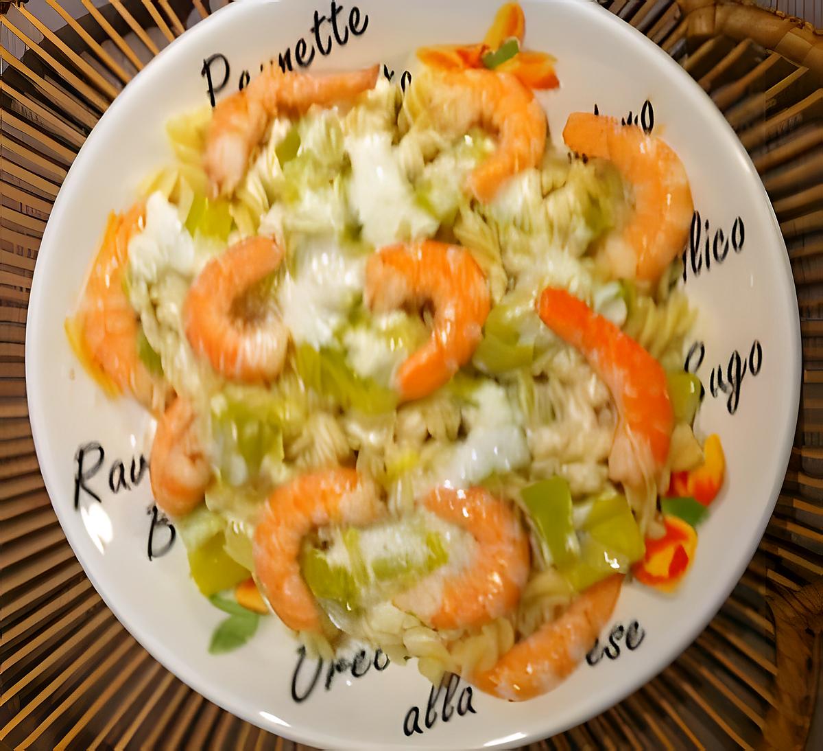 recette Pâtes aux crevettes et sa fondue de poireaux arrosées de sa crème de parmesan.