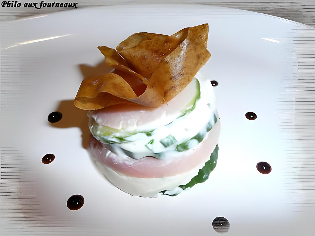 recette Millefeuille au bacon, concombre & mascarpone au raifort