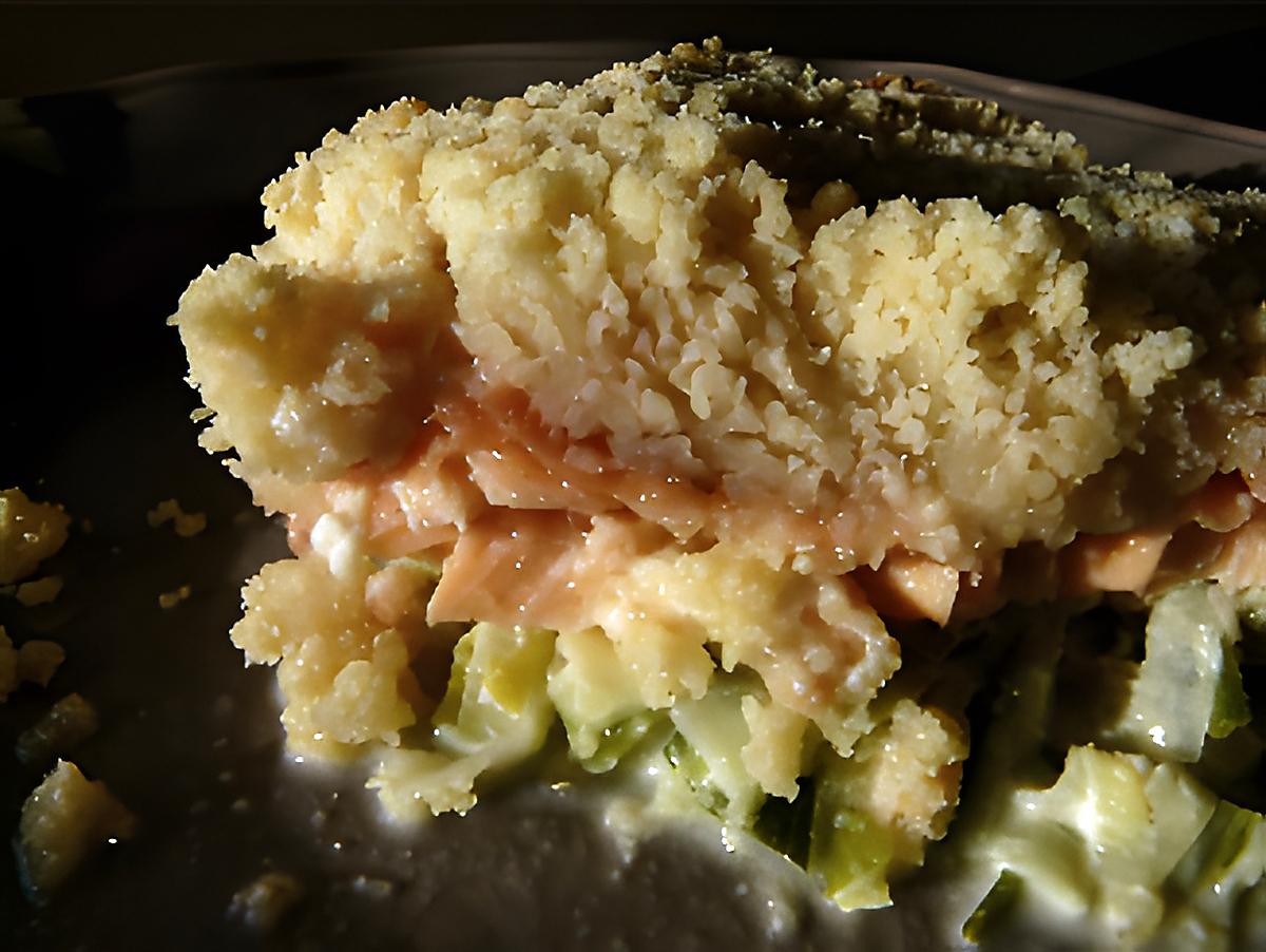 recette Crumble aux 2 saumons courgettes , poireaux