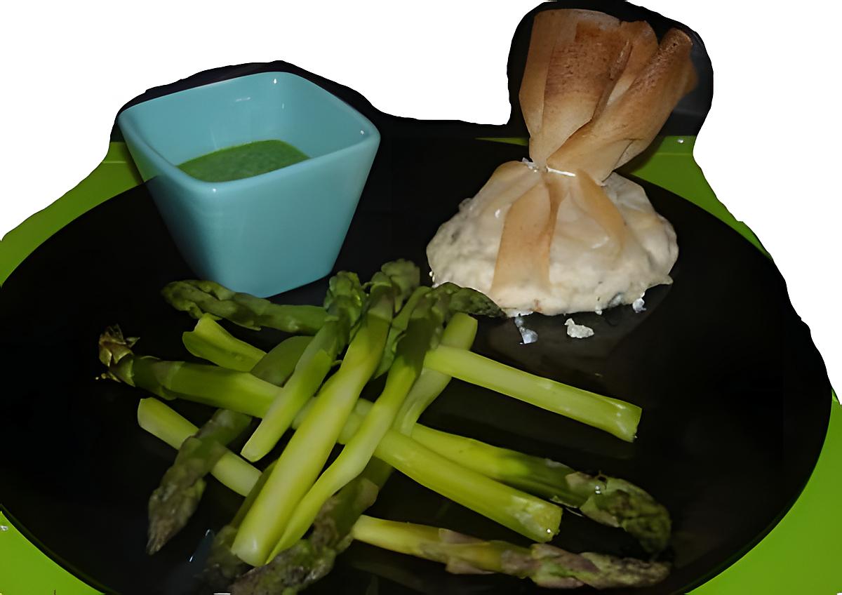 recette Aumonières Brousse & Menthe, Asperges & Emulsion de roquette