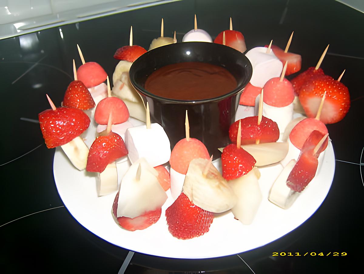 recette brochettes de bonbons et fruits, sauce pralinoise