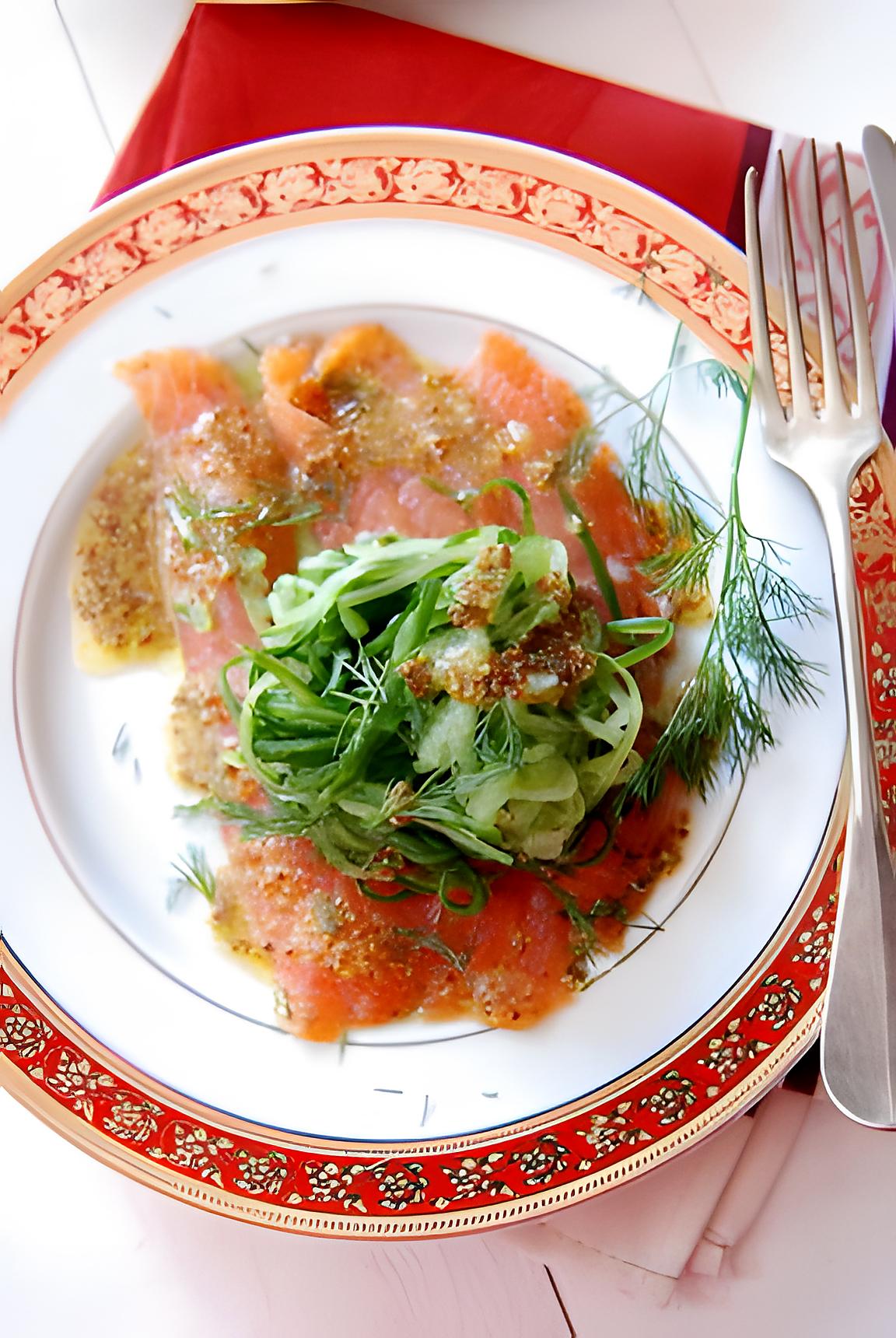 recette Spaghettis de concombre, saumon fumé, vinaigrette au sirop d’érable