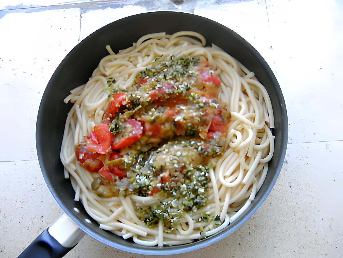 recette Bucatini sauce fraîche et pesto, poulet sauté