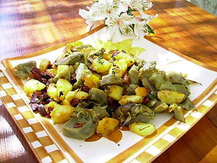 recette Fricassée d’artichauts, pommes de terre nouvelles, chorizo et thym frais