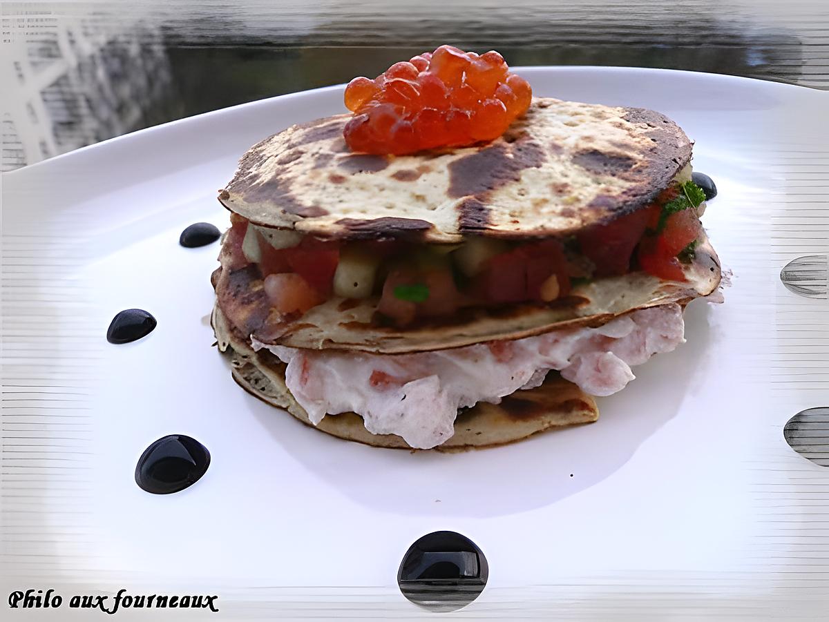 recette Millefeuille de crêpes à la ricotta, saumon frais & petits légumes