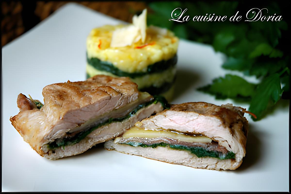 recette Risotto safrané aux épinards avec son escalopede veau au jambon de Parme et Comté