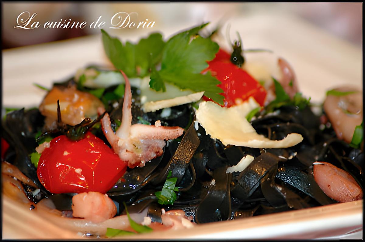 recette Fettucini al nero seppia aux fruits de mer et tomates cocktails