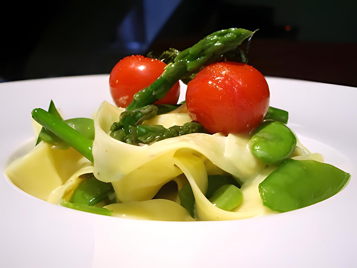 recette Tagliatelles sauce gorgonzola, légumes croquants et tomates confites..