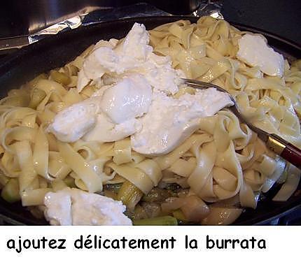 recette Pâtes fraîches aux deux asperges et mozzarella ‘‘burrata’’