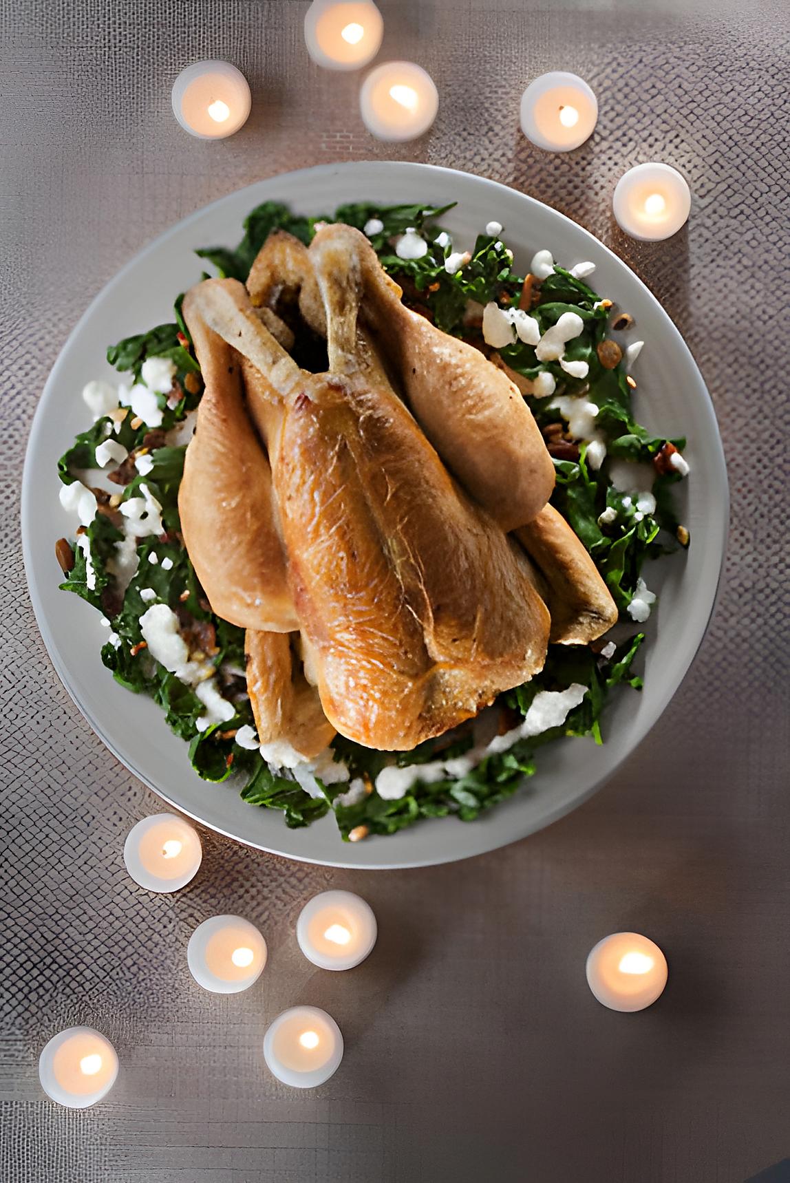 recette Chapon Fermier d’Auvergne Label Rouge simplement rôti, florentine d’épinards aux raisins et aux pignons de pins, émulsion de riz basmati au lait de coco