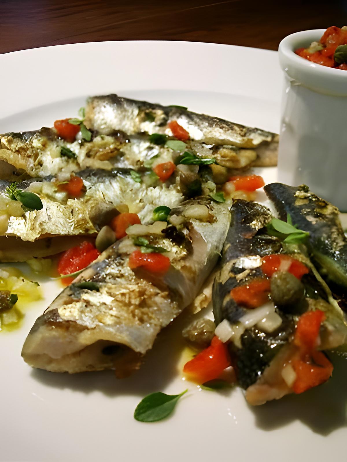 recette Sardines grillées, vinaigrette tomates séchées, câpres & thym citron...