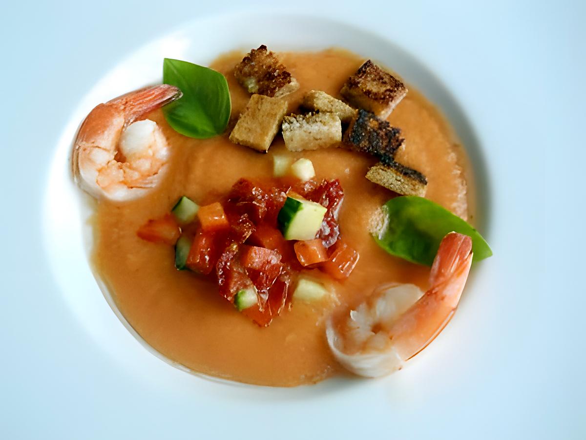 recette Gaspacho aux crevettes, croutons au miel