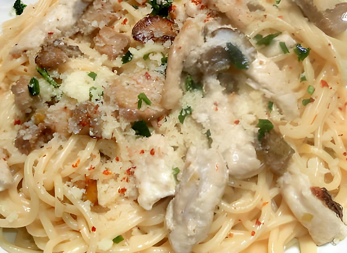 recette Spaghetti au poulet sauce champignons