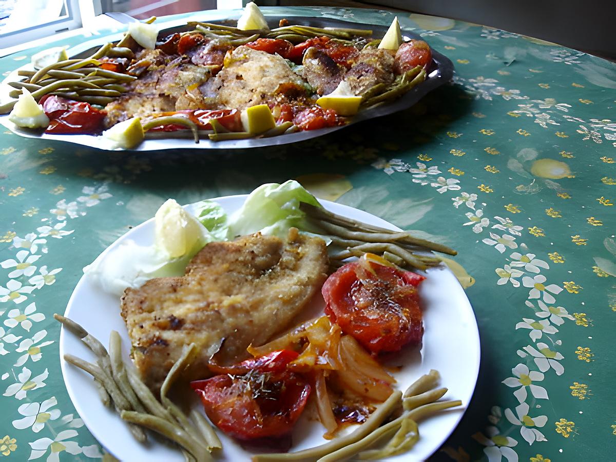 recette Escalopes panées  aux tomates et haricots verts...........