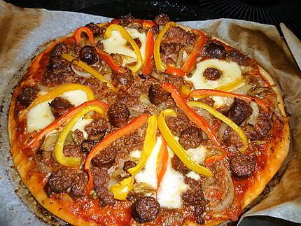 recette Pizza viande hachée, merguez, poivrons
