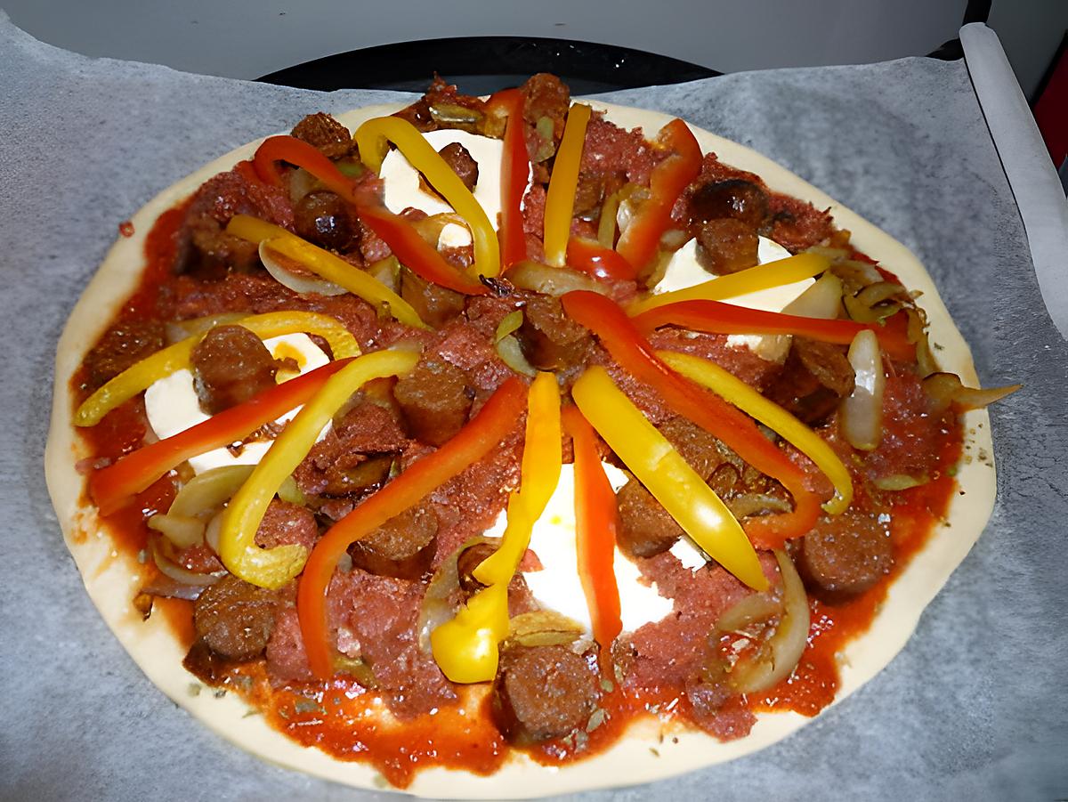 recette Pizza viande hachée, merguez, poivrons