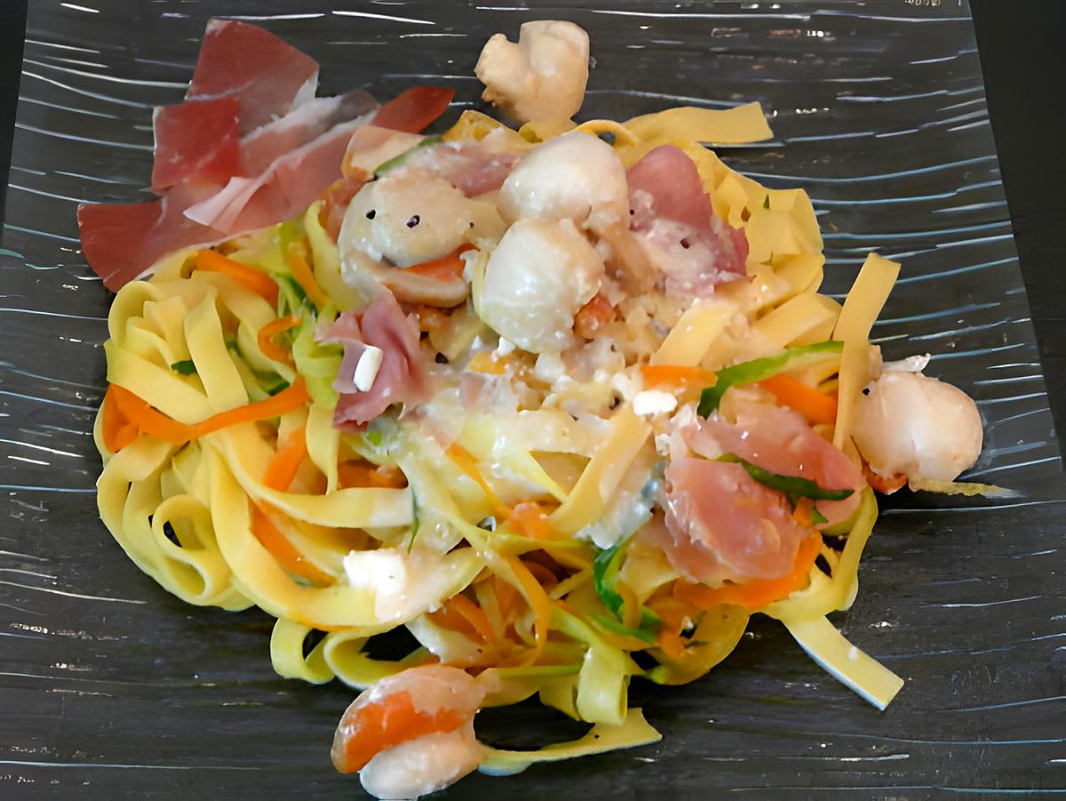 recette tagliatelle fraîche aux deux légumes accompagné de speck et st jacques citronné