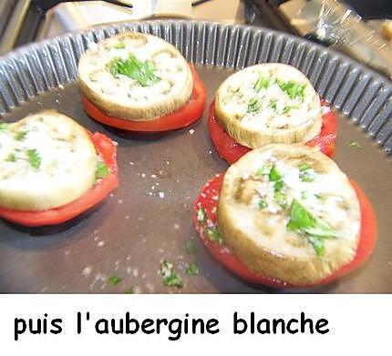 recette Duo d’aubergines  mille - feuille  et  poêlées » timbale aux pâtes "avoines"