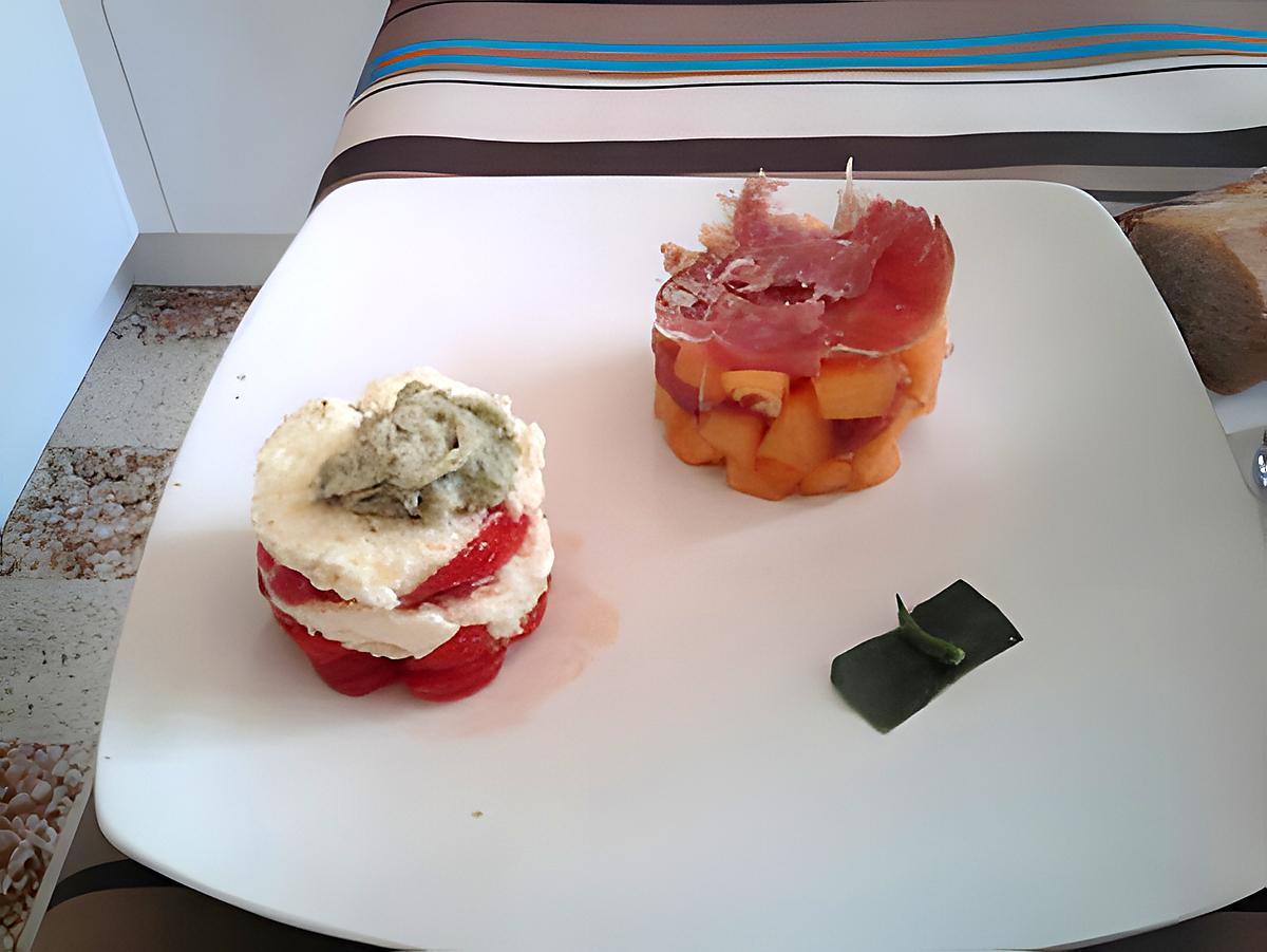 recette Tomates mozzarella avec chantilly au basilic  et chiffonnade melon et jambon sec