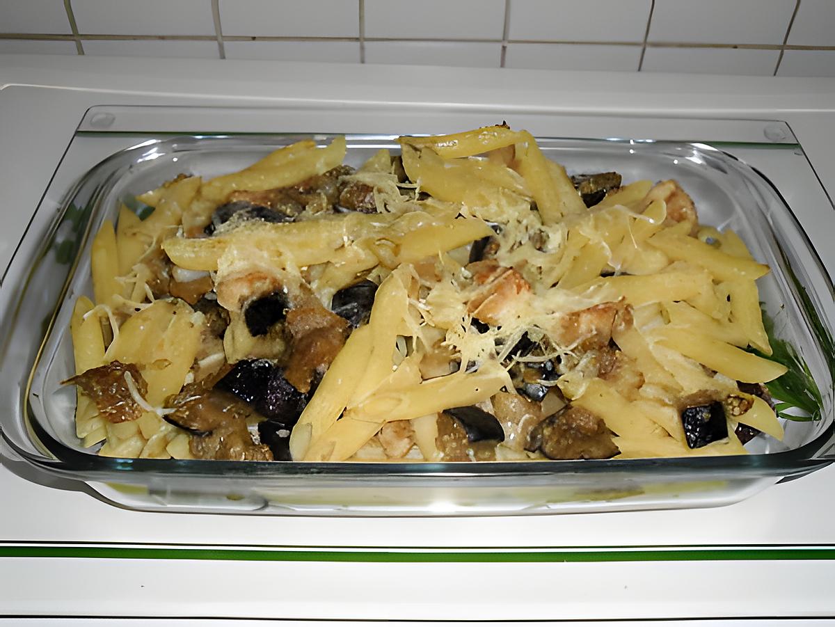 recette gratin de penne au poulet et aubergines(plat complet)