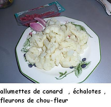 recette Croustillants de chou-fleur au stilton et allumettes de canard