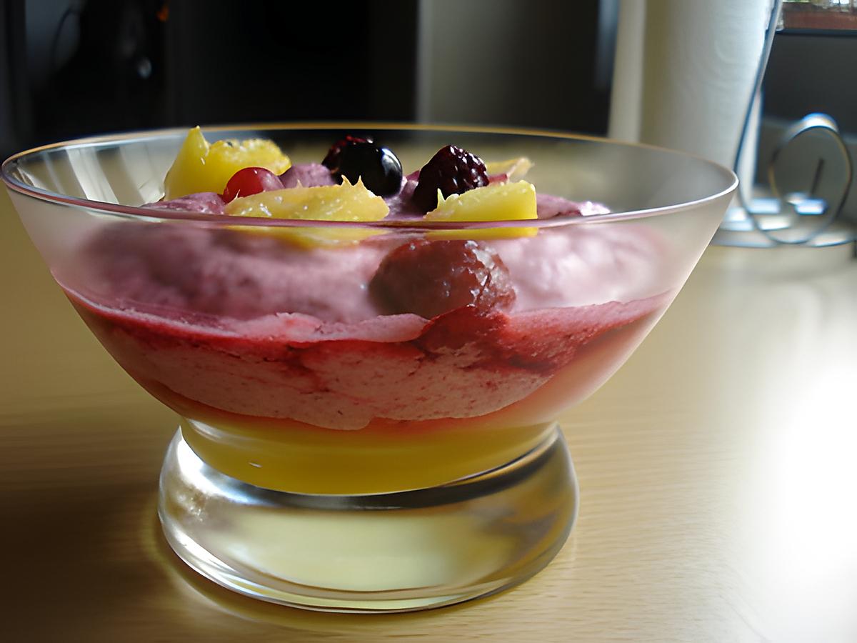 recette DUO MOUSSE FRUITS ROUGES-COULIS DE MANGUE