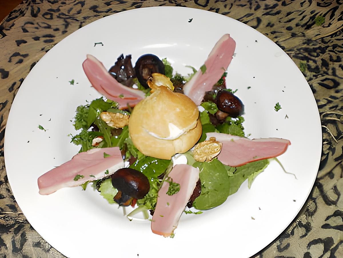 recette salade de canard sauvage séché aux champignons et noix, choux à la mousse de foie gras.