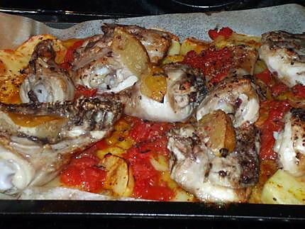 recette Poulet au four.... sur son lit de pommes de terre ...tomates......et citrons confits....