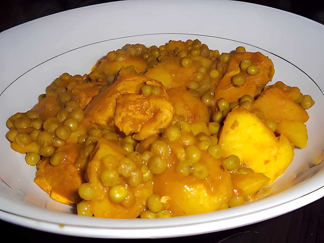 Recette de Pomme de terre en sauce avec petits pois et blanc de poulet