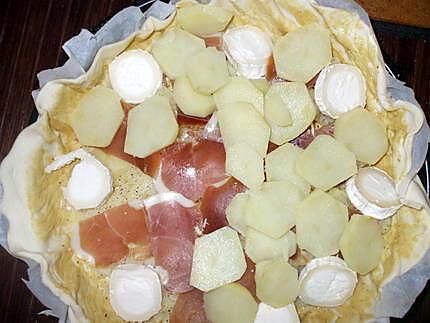 recette Pastel de Patatas con Jamon Serrano y queso de cabra "... ( Gâteau de P.D.Terre au jambon serrano et fromage de chèvre.)...