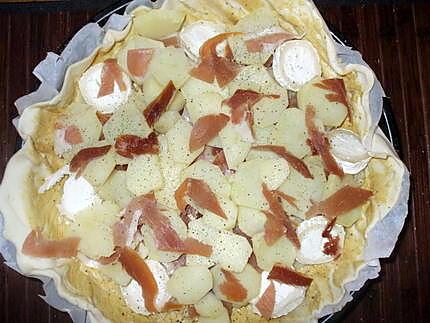 recette Pastel de Patatas con Jamon Serrano y queso de cabra "... ( Gâteau de P.D.Terre au jambon serrano et fromage de chèvre.)...