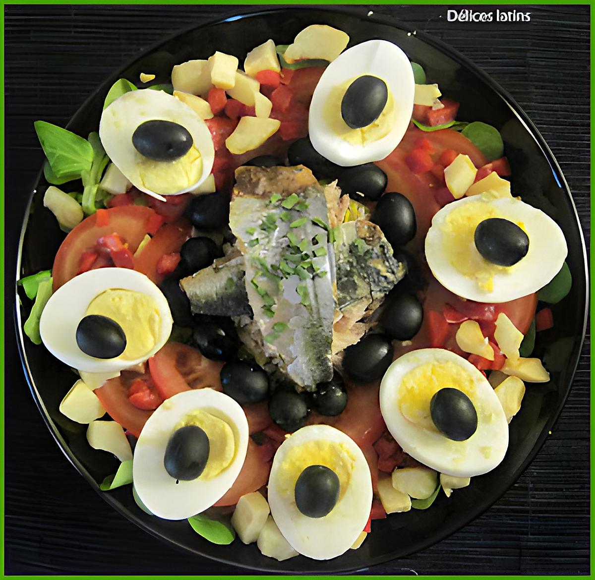 recette Salade complète avec sardines, artichauts, thon, oeufs durs et crudités