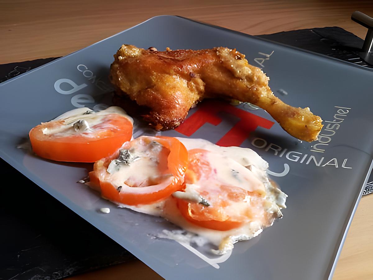 recette Tomates au saint agur et sa cuisse de poulet panés à la moutarde