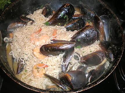 recette Nouilles chinoises aux moules et crevettes