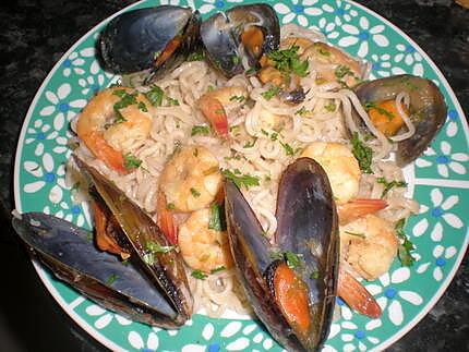 recette Nouilles chinoises aux moules et crevettes