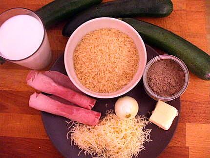 recette Gratin de courgettes..jambon et riz....( Menu complet pour les petits ...)