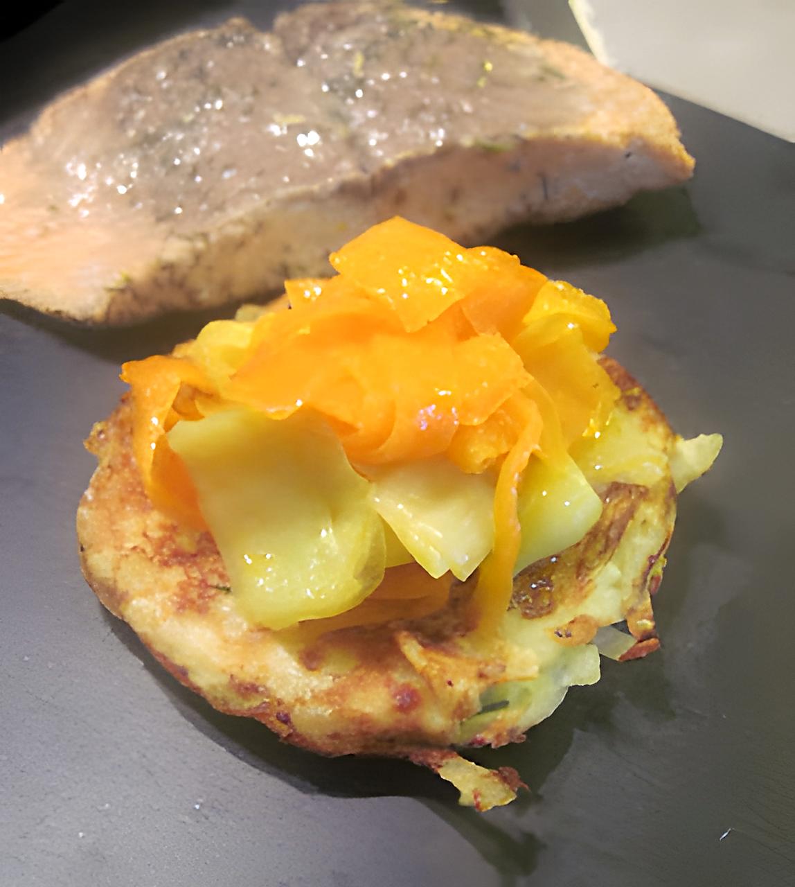 recette Saumon et sa fondue de poireaux et carottes sur galette de pommes de terre