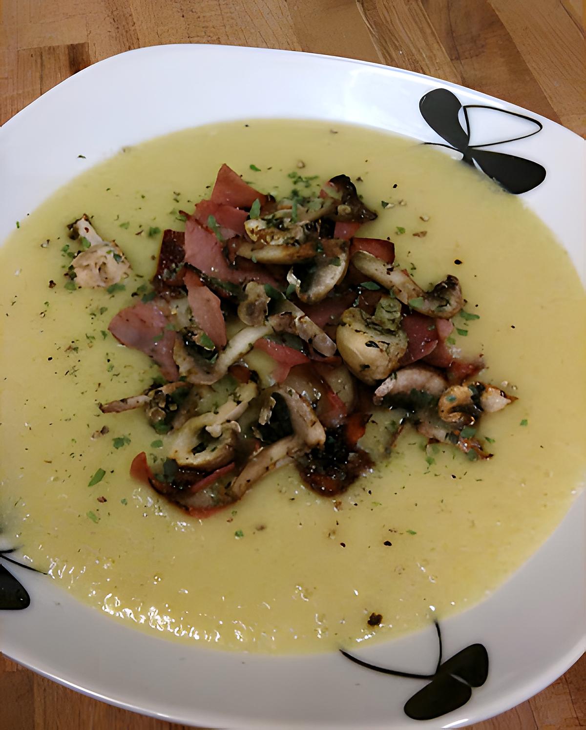 recette Velouté de poireaux au gingembre & champignons et bacon grillés