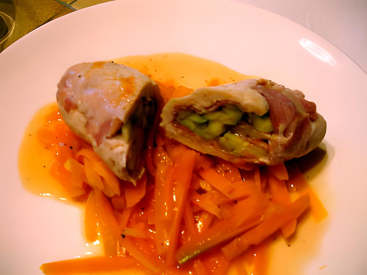 recette roulé de dinde au courgette et lard fumé sur son lit de carottes sauce pamplemousse