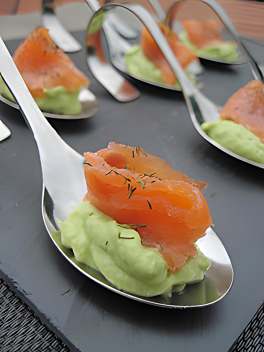 recette Cuillères apéritives à la purée d'avocat et au saumon fumé parfumées à l'aneth