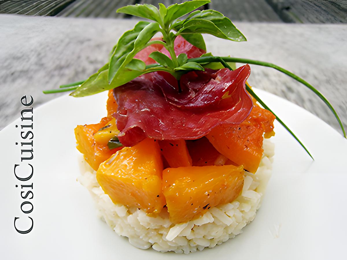 recette Courge Butternut rôtie au basilic, bresaola et risotto